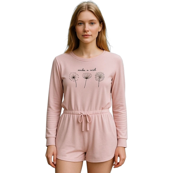La Vie En Rose Other - La Vie En Rose Pajama Romper Pink SZ Medium Long Sleeve Jumper Soft Shorts Logo